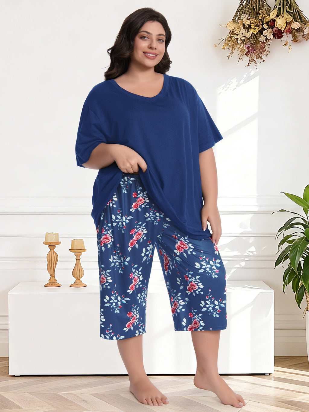 Homlouue Plus Size Womens Pajama Sets,V-Neck Sleepwear Top&Capri Printed Pants with Pockets,2 Piece Womens Lounge Set(1XL,Blue)