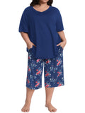 Homlouue Plus Size Womens Pajama Sets,V-Neck Sleepwear Top&Capri Printed Pants with Pockets,2 Piece Womens Lounge Set(3XL,Blue)