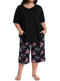 Homlouue Plus Size Womens Pajama Sets,V-Neck Sleepwear Top&Capri Printed Pants with Pockets,2 Piece Womens Lounge Set(4XL,Black)