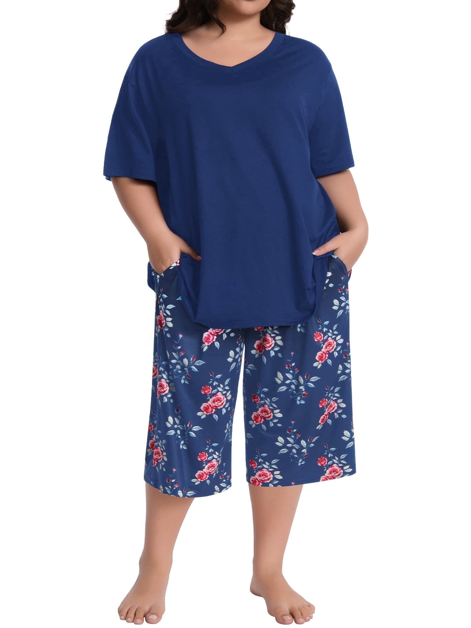 Homlouue Plus Size Womens Pajama Sets,V-Neck Sleepwear Top&Capri Printed Pants with Pockets,2 Piece Womens Lounge Set(4XL,Blue)