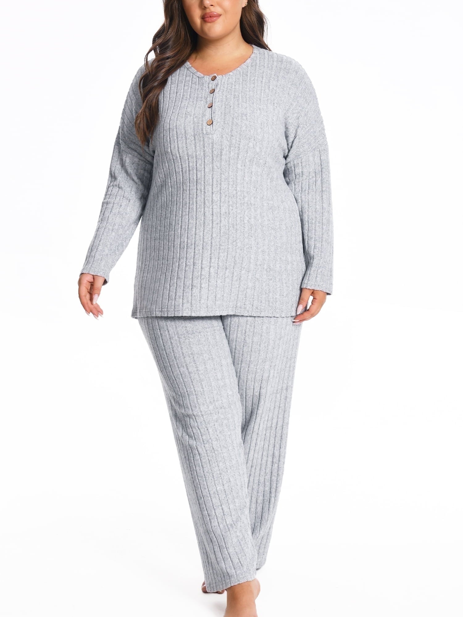 Homlouue Plus Size Lounge Sets for Women 2 Piece,Outfits for Women Solid Color Ribbed Wide Leg Pants and Long Sleeve, Perfect Gift for Family & Friends (Gray 2XL)