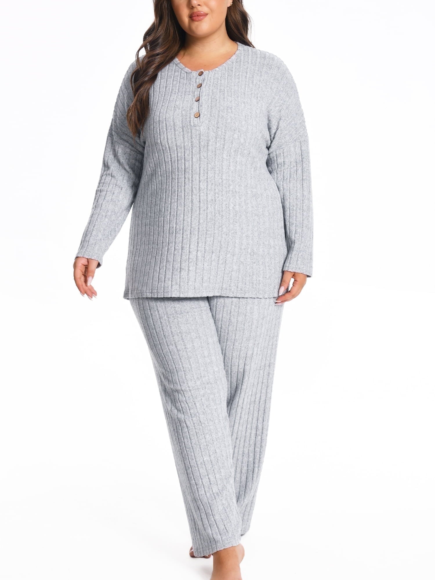 Homlouue Plus Size Lounge Sets for Women 2 Piece,Outfits for Women Solid Color Ribbed Wide Leg Pants and Long Sleeve, Perfect Gift for Family & Friends (Gray 3XL)