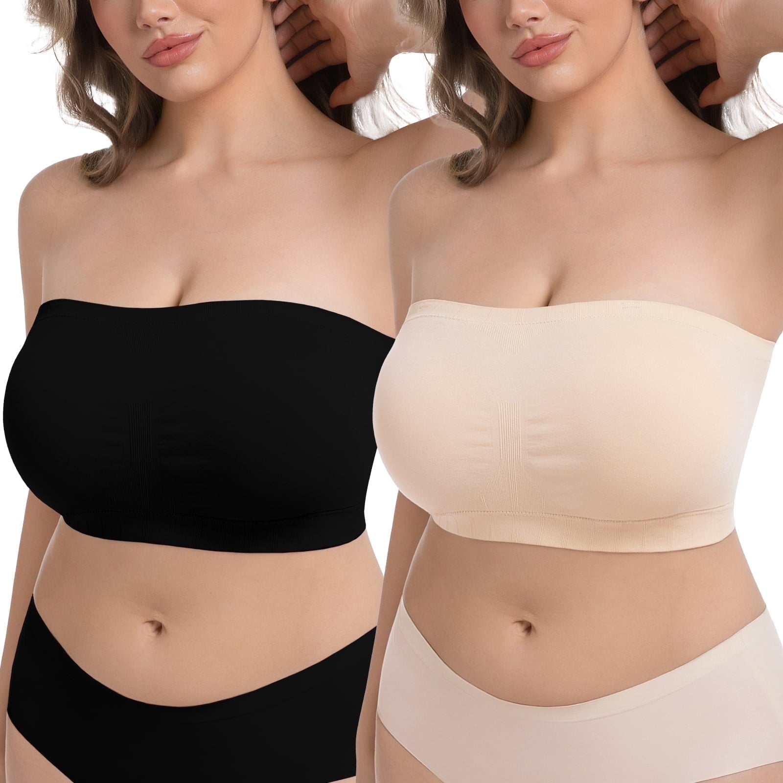 Homlouue Plus Size Strapless Bras for Women,Seamless Non-Slip Comfort Wireless Bandeau Bralette, Free Bra Straps(Black and Beige,2XL,2 Pcs)