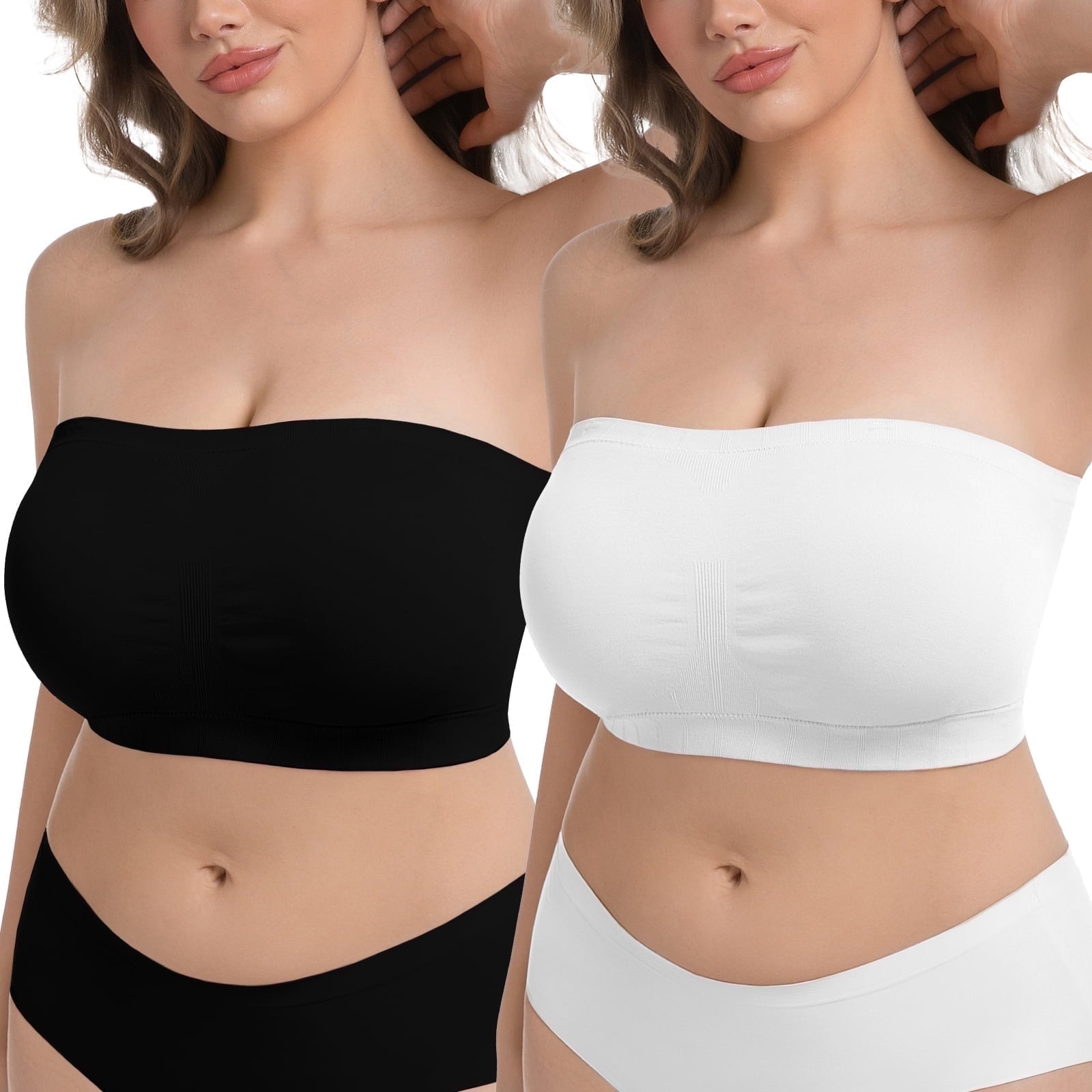 Homlouue Plus Size Strapless Bras for Women,Seamless Non-Slip Comfort Wireless Bandeau Bralette, Free Bra Straps(Black and White,XL,2 Pcs)