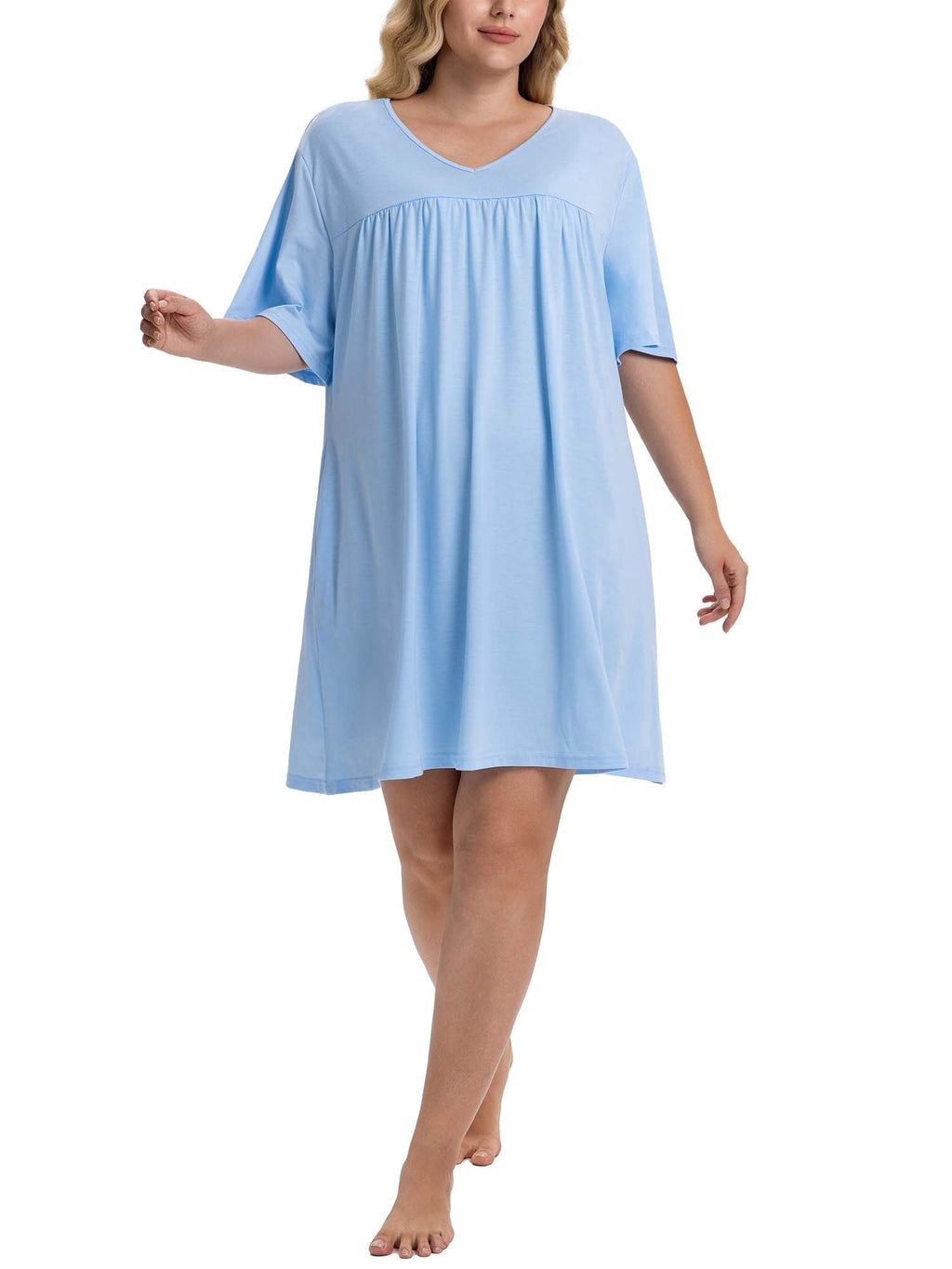 Homlouue Plus Size Nightgowns for Women,V-Neck with Pockets Short Sleeve Sleepwear(1XL,Blue)