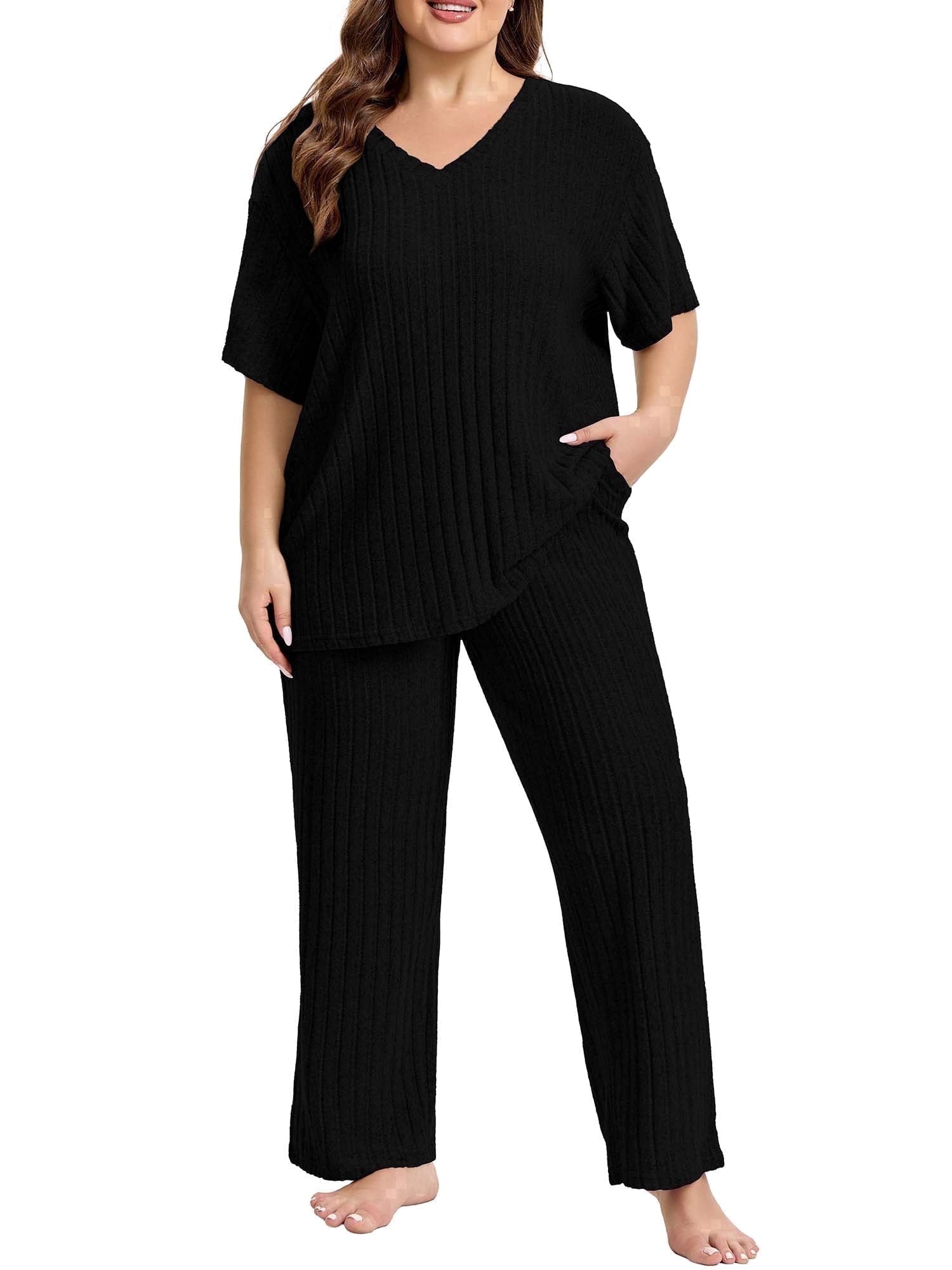 Homlouue Lounge Sets for Women Plus Size,2 Piece Outfit V-Neck Short Sleeve with Long Pants,Comfortable Ribbed Loungewear for Home or Outdoor(1XL,Black)
