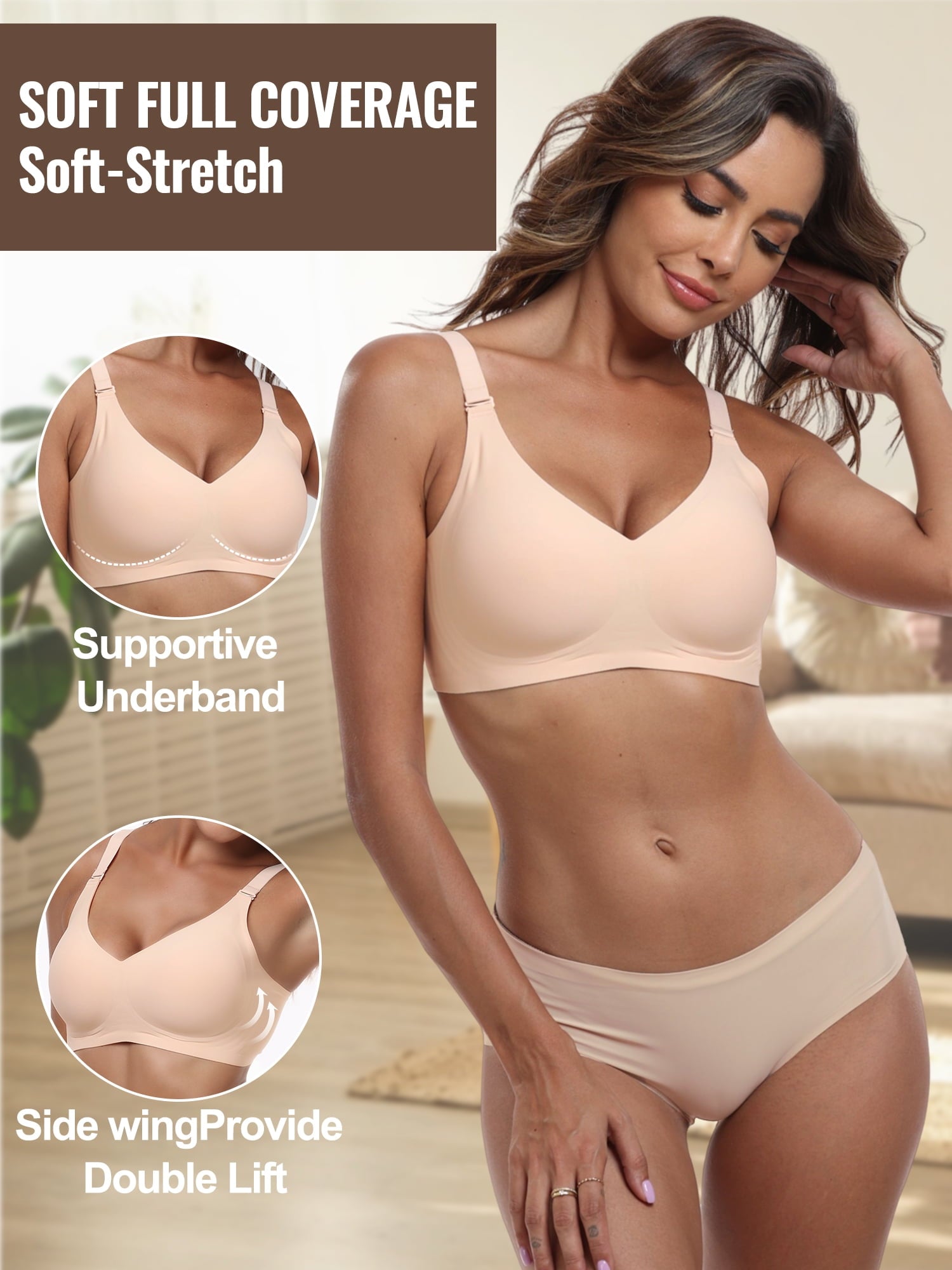 Homlouue Wireless Bras for Women Push Up Deep V Sleep Soft Bra Nude Full Coverage Everyday Bra 2XL