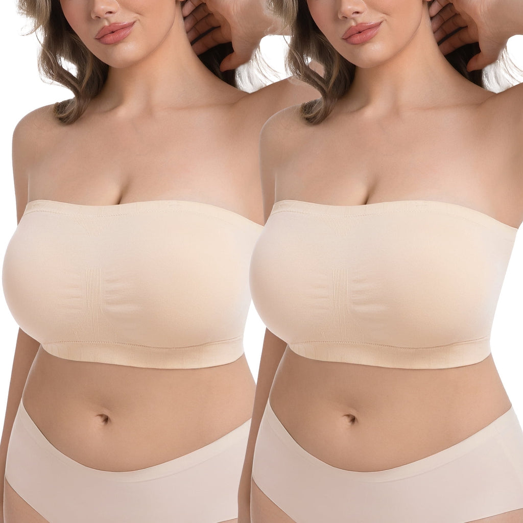 Homlouue Plus Size Strapless Bras for Women,Seamless Non-Slip Comfort Wireless Bandeau Bralette, Free Bra Straps(Beige,2XL,2 Pcs)