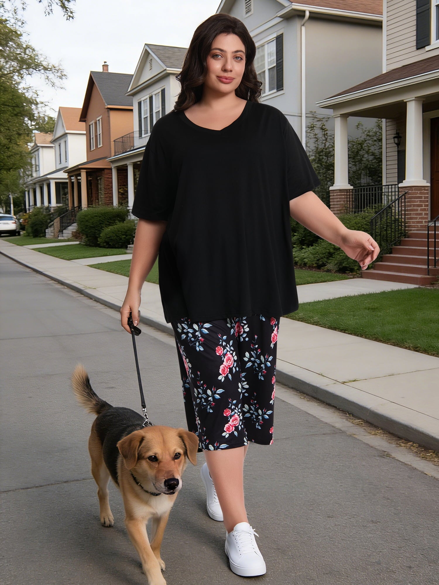 Homlouue Plus Size Womens Pajama Sets,V-Neck Sleepwear Top&Capri Printed Pants with Pockets,2 Piece Womens Lounge Set(4XL,Black)
