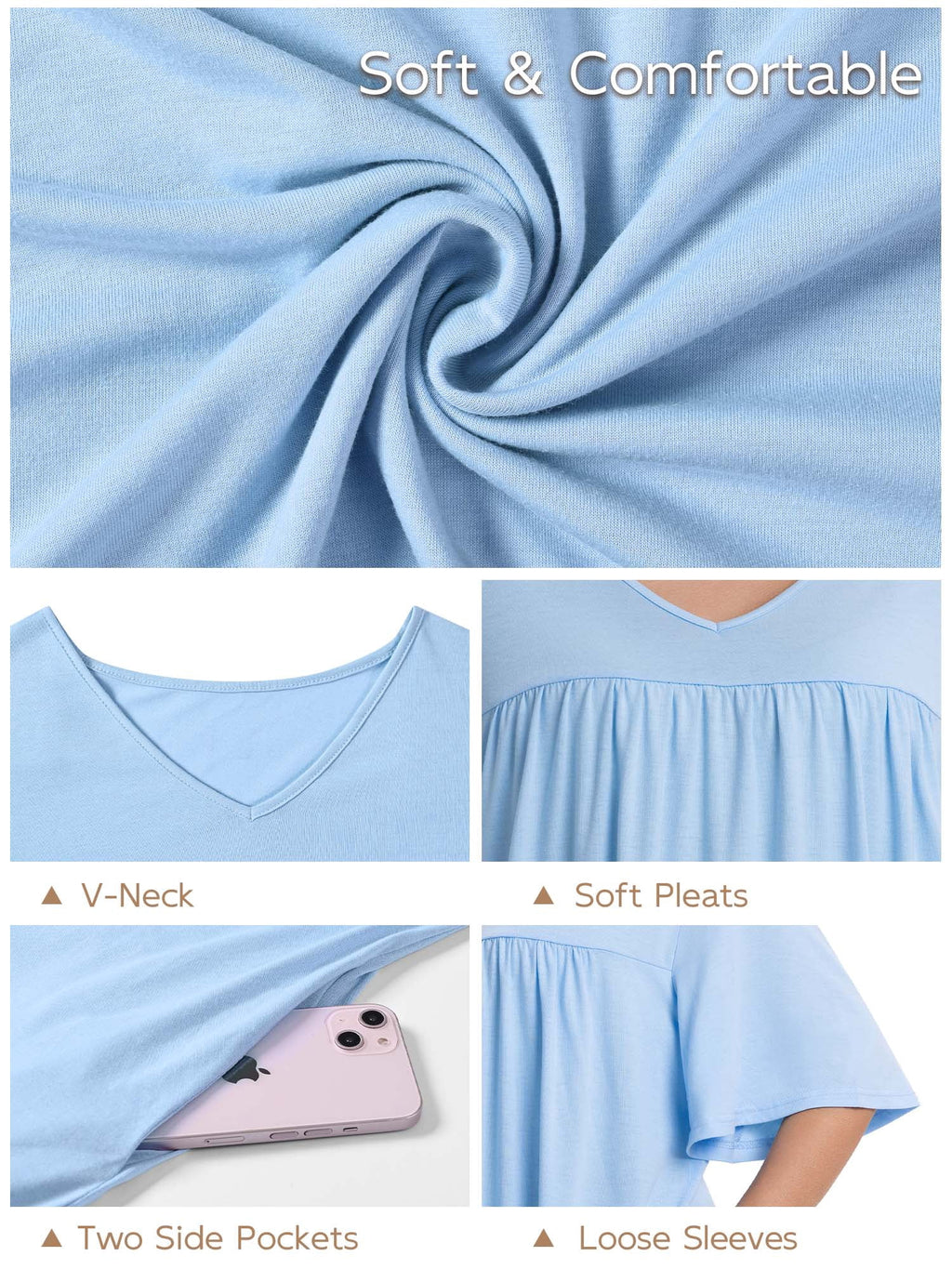 Homlouue Plus Size Nightgowns for Women,V-Neck with Pockets Short Sleeve Sleepwear(2XL,Blue)