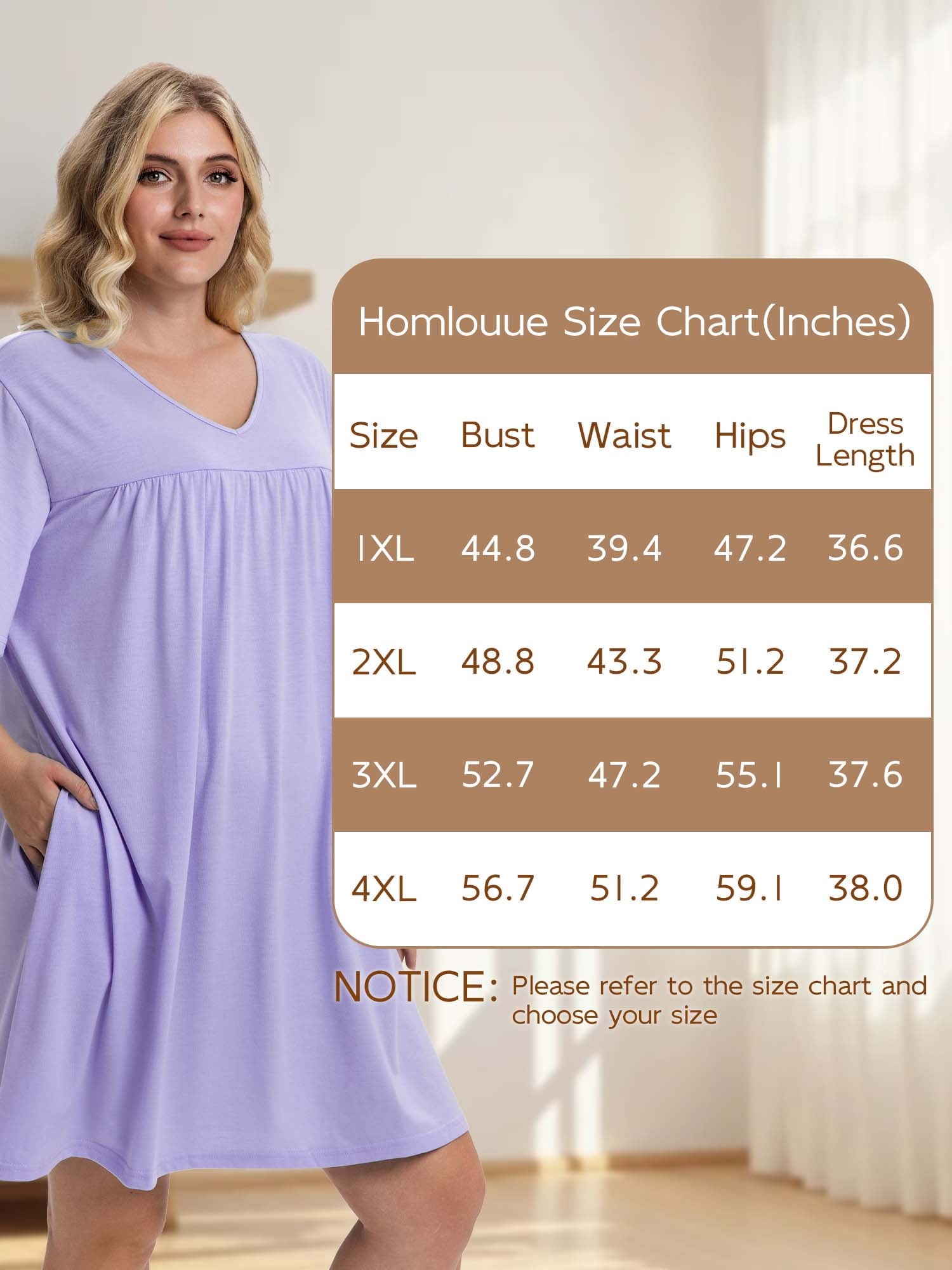 Homlouue Plus Size Nightgowns for Women,V-Neck with Pockets Short Sleeve Sleepwear(3XL,Purple)