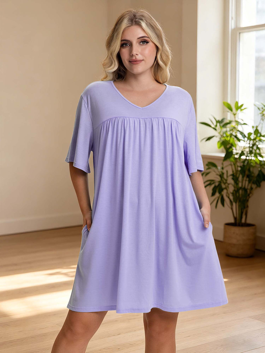 Homlouue Plus Size Nightgowns for Women,V-Neck with Pockets Short Sleeve Sleepwear(4XL,Purple)