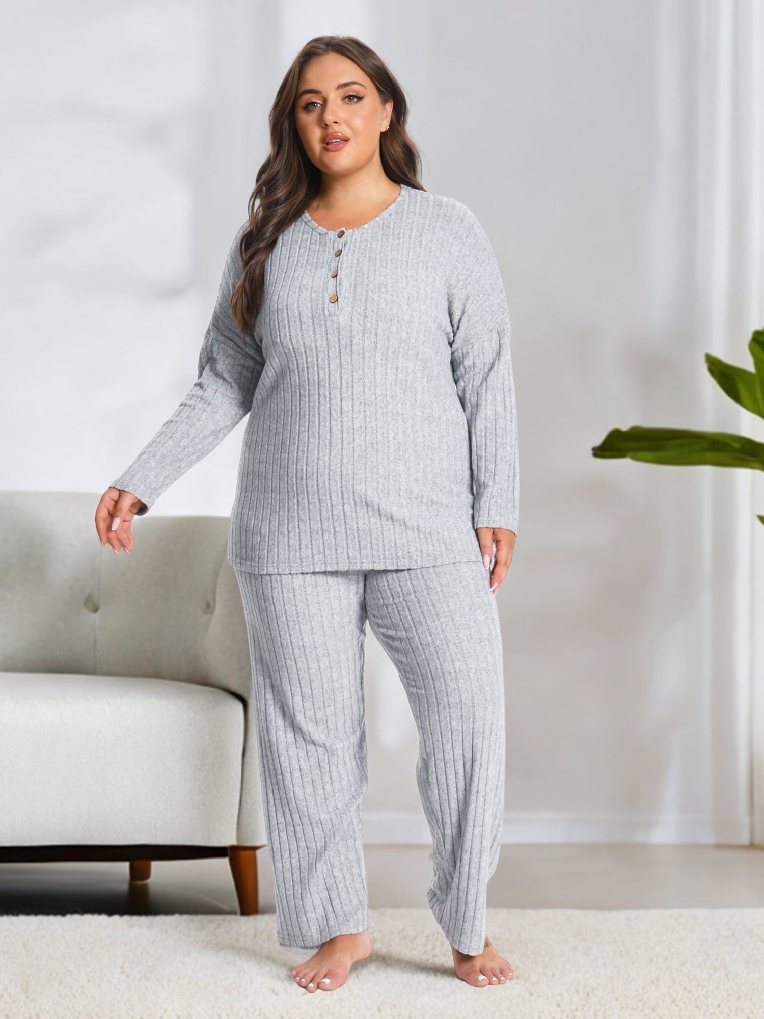 Homlouue Plus Size Lounge Sets for Women 2 Piece,Outfits for Women Solid Color Ribbed Wide Leg Pants and Long Sleeve, Perfect Gift for Family & Friends (Gray 4XL)