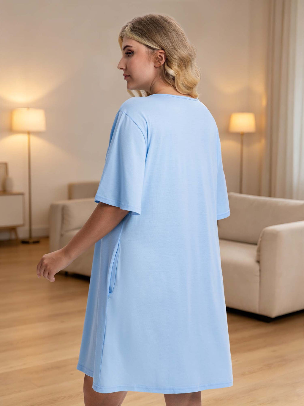 Homlouue Plus Size Nightgowns for Women,V-Neck with Pockets Short Sleeve Sleepwear(2XL,Blue)