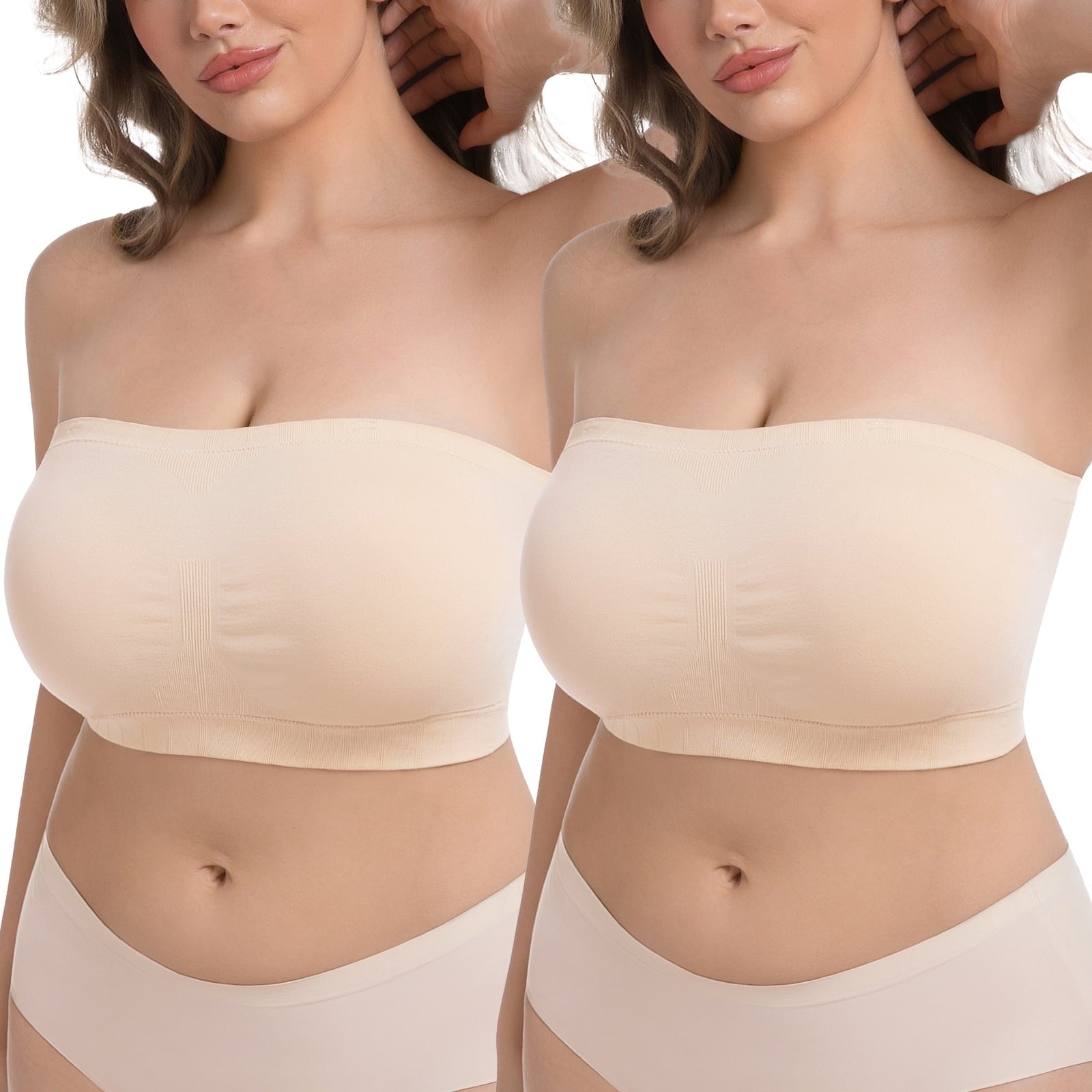 Homlouue Plus Size Strapless Bras for Women,Seamless Non-Slip Comfort Wireless Bandeau Bralette, Free Bra Straps(Beige,XL,2 Pcs)
