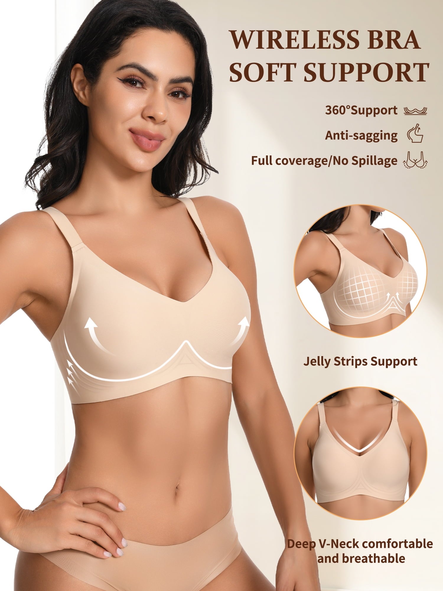 Homlouue Wireless Bras for Women Push Up Deep V Sleep Soft Bra Nude Full Coverage Everyday Bra XL