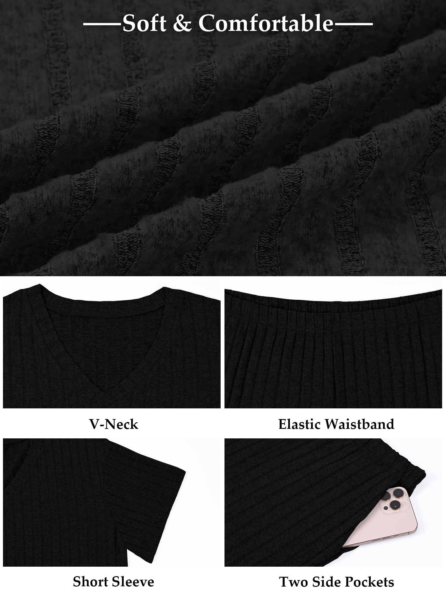Homlouue Lounge Sets for Women Plus Size,2 Piece Outfit V-Neck Short Sleeve with Long Pants,Comfortable Ribbed Loungewear for Home or Outdoor(3XL,Black)