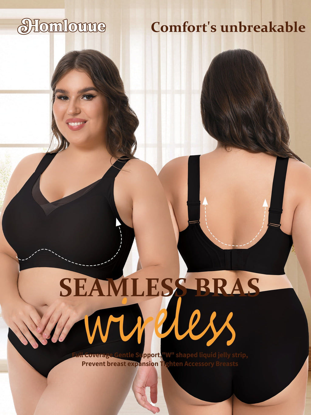 Homlouue Plus Size Bras for Women Sleep Soft Everyday Bra Deep V Mesh Black Full Coverage Wirefree Bra 2XL