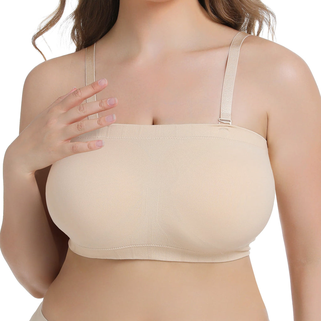 Homlouue Plus Size Strapless Bras for Women,Seamless Non-Slip Comfort Wireless Bandeau Bralette, Free Bra Straps(Black and Beige,XL,2 Pcs)