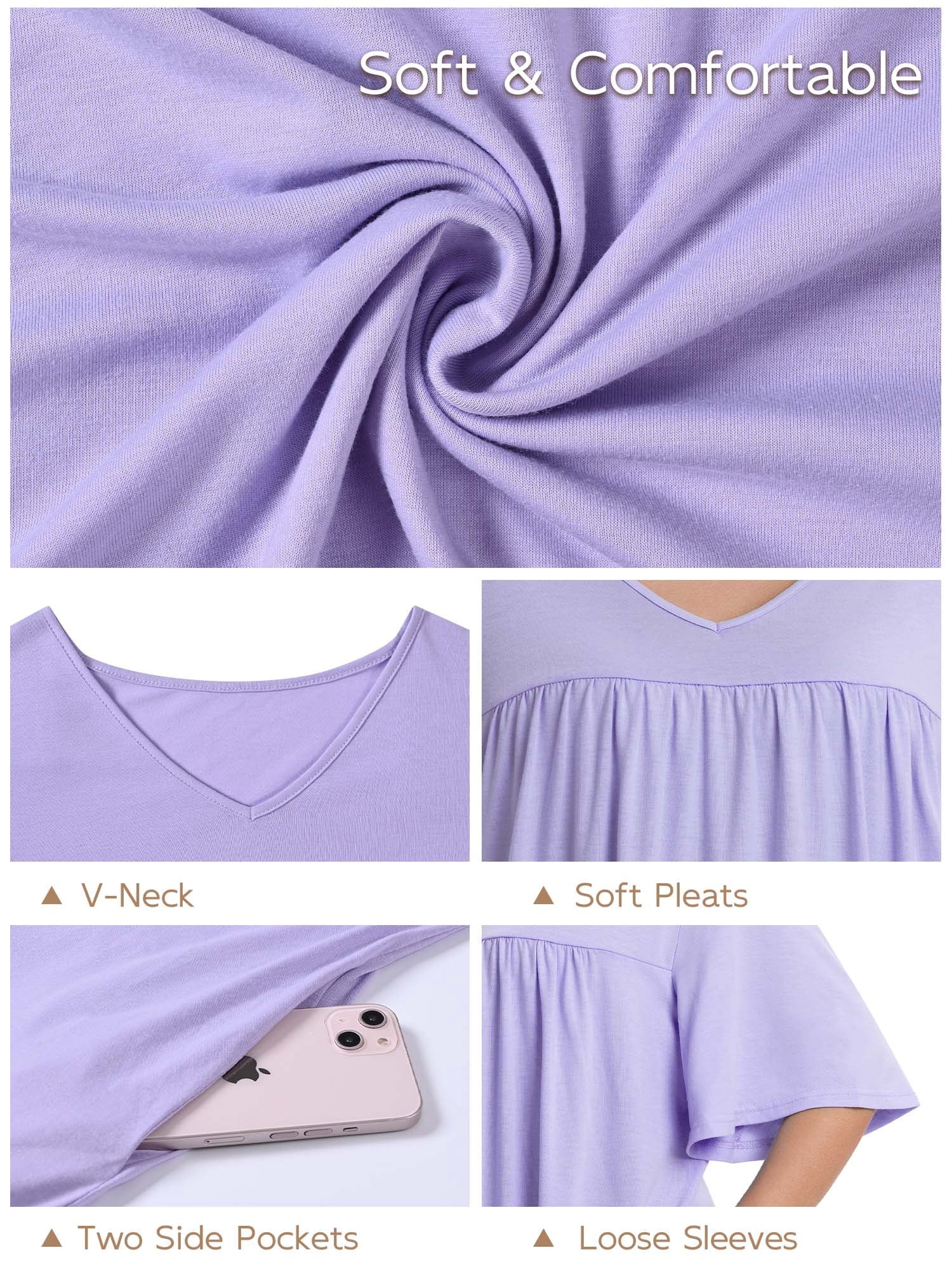 Homlouue Plus Size Nightgowns for Women,V-Neck with Pockets Short Sleeve Sleepwear(2XL,Purple)