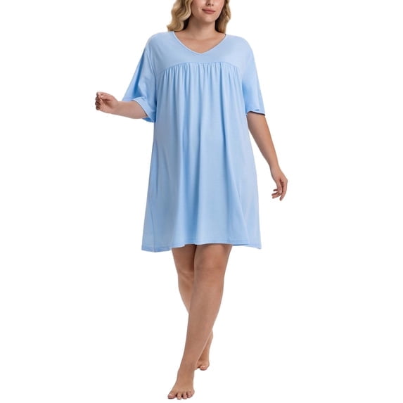 Homlouue Plus Size Nightgowns for Women,V-Neck with Pockets Short Sleeve Sleepwear(1XL,Purple)