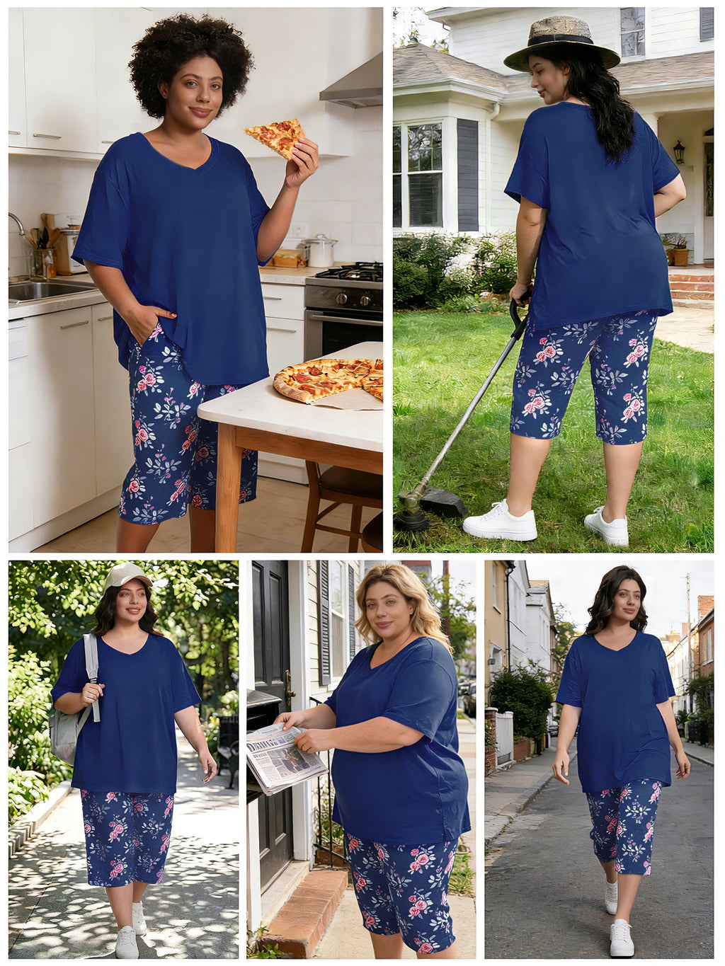 Homlouue Plus Size Womens Pajama Sets,V-Neck Sleepwear Top&Capri Printed Pants with Pockets,2 Piece Womens Lounge Set(2XL,Blue)