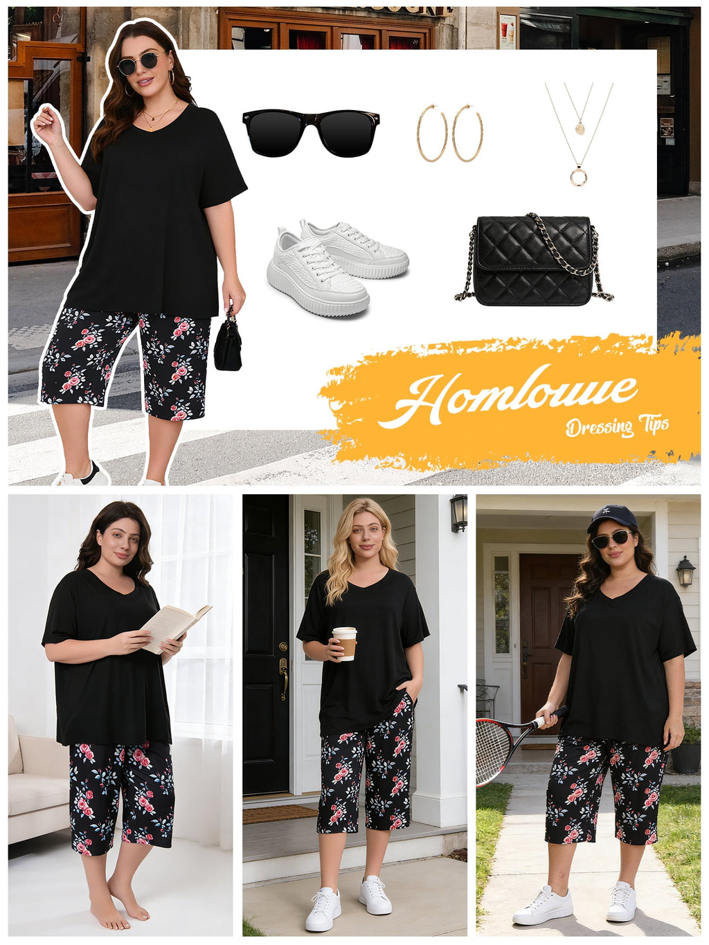 Homlouue Plus Size Womens Pajama Sets,V-Neck Sleepwear Top&Capri Printed Pants with Pockets,2 Piece Womens Lounge Set(4XL,Black)