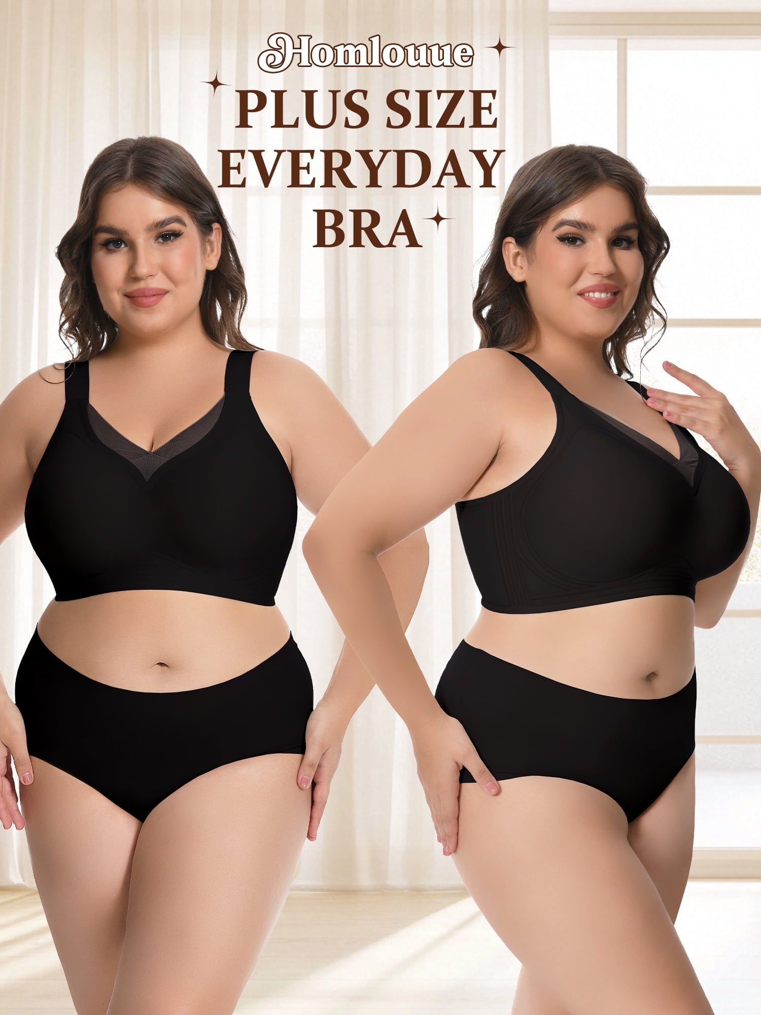 Homlouue Plus Size Bras for Women Sleep Soft Everyday Bra Deep V Mesh Black Full Coverage Wirefree Bra 6XL