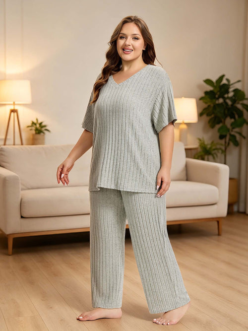 Homlouue Lounge Sets for Women Plus Size,2 Piece Outfit V-Neck Short Sleeve with Long Pants,Comfortable Ribbed Loungewear for Home or Outdoor(1XL,Green)